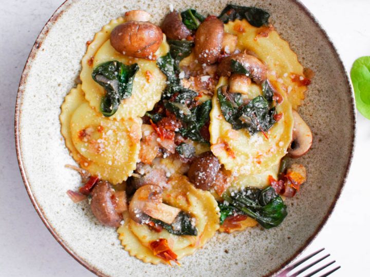 Mushroom Ravioli with Creamy Sun Dried Tomato Sauce