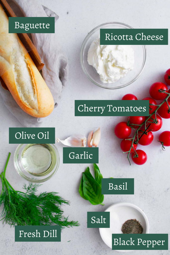 the names and pictures of the ingredients to make cherry tomato bruschetta 