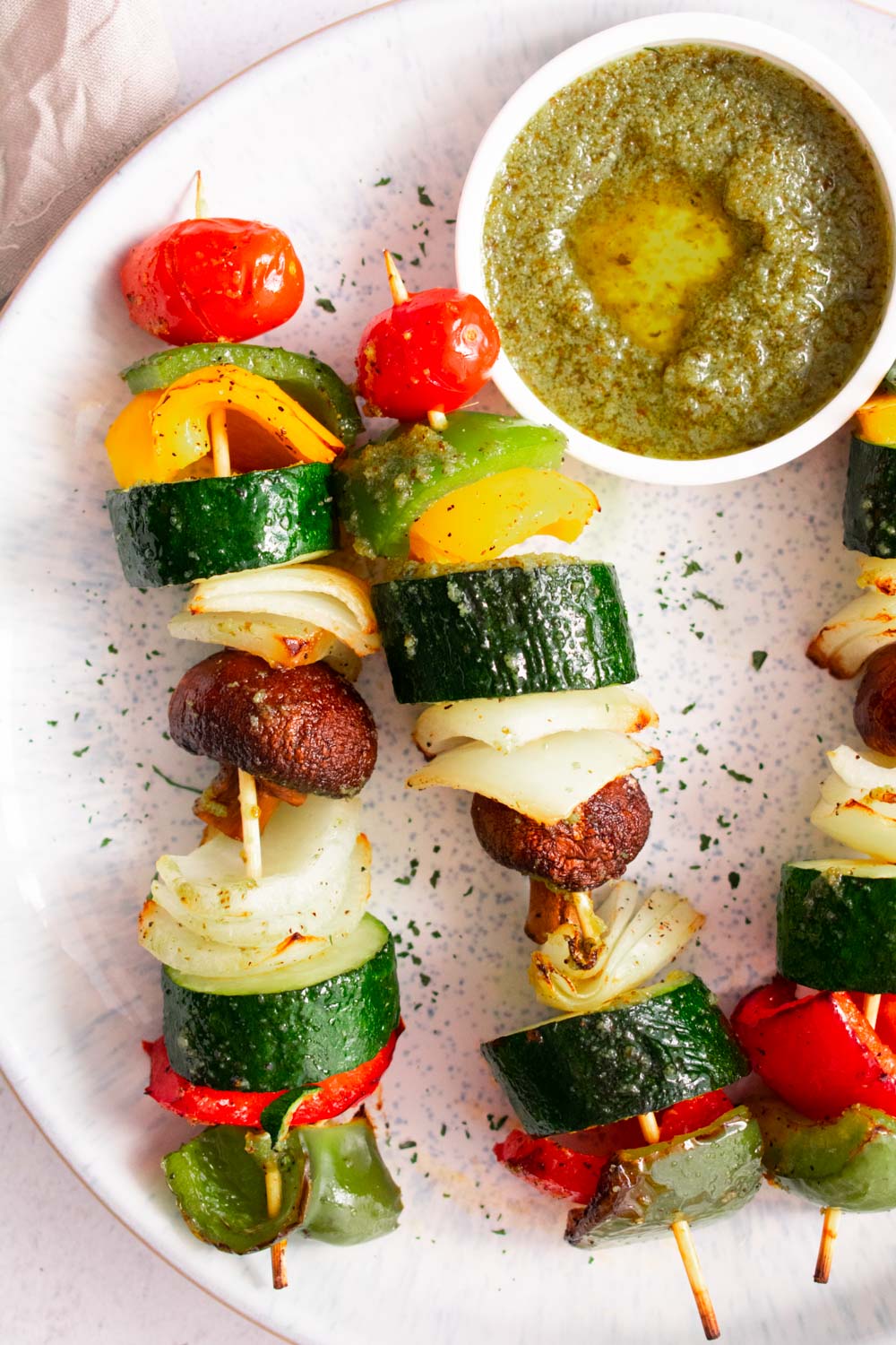 Oven Roasted Vegetable Skewers With Arugula Pesto