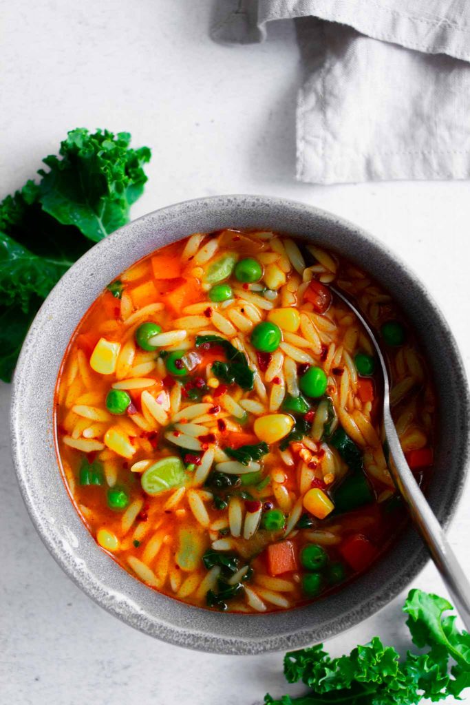 Spicy Vegetable Orzo Pasta Soup.