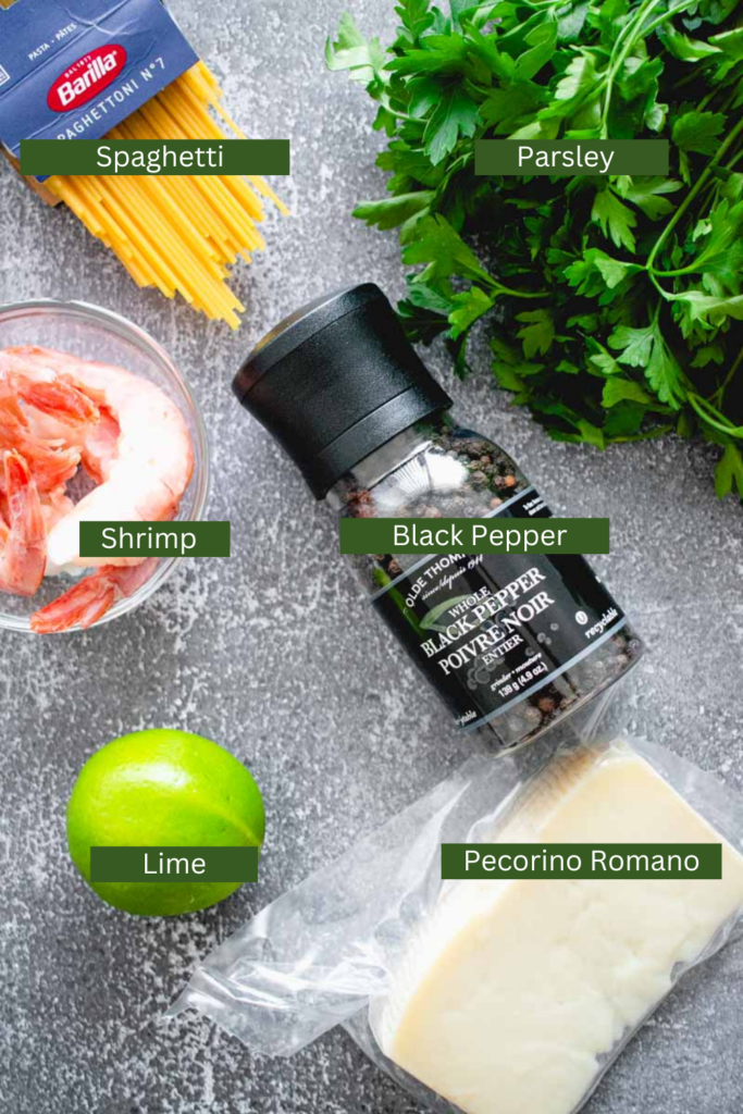 ingredient list including lime, pecorino romano cheese. black pepper, parsley, pasta and shrimps