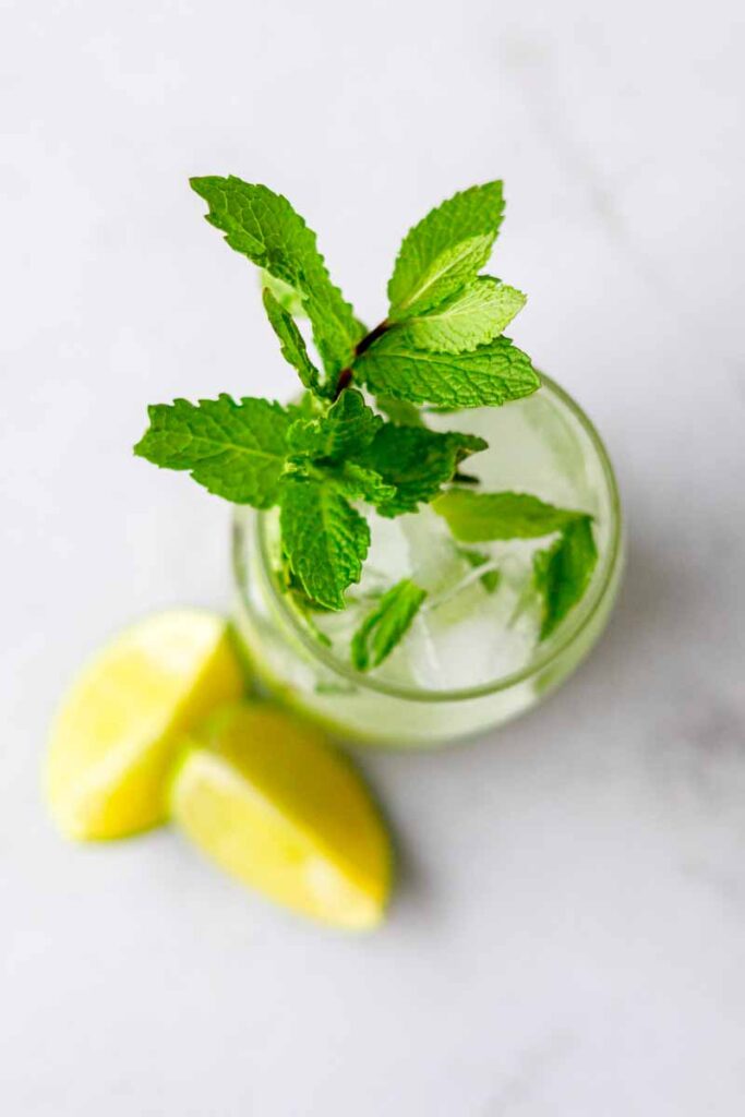 virgin mojito topped with sparking water and garnished with fresh mint leaves
