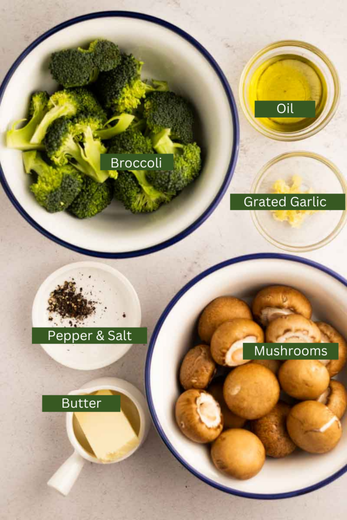 roasted mushrooms and broccoli ingredients on a table