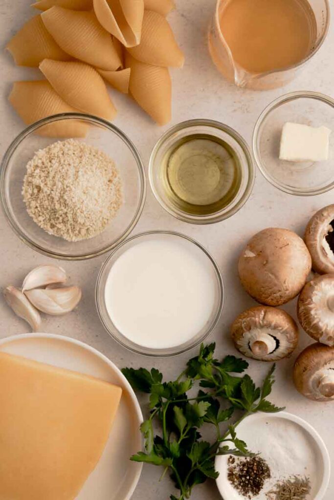 overview of ingredients needed for mushroom and gouda pasta recipe
