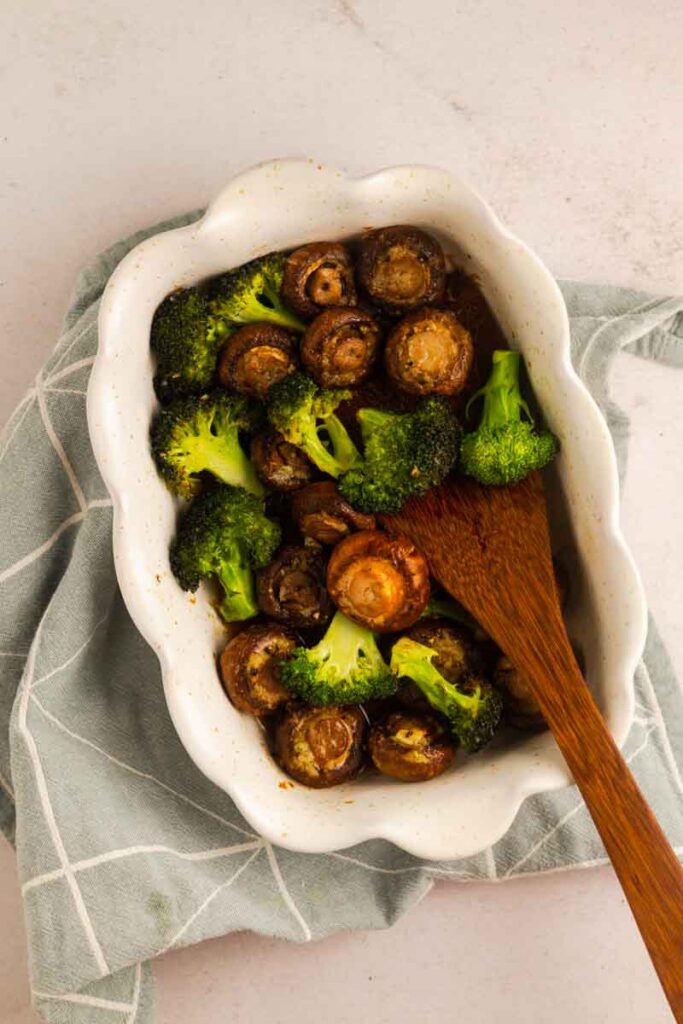 roasted mushrooms and broccoli in baking dish